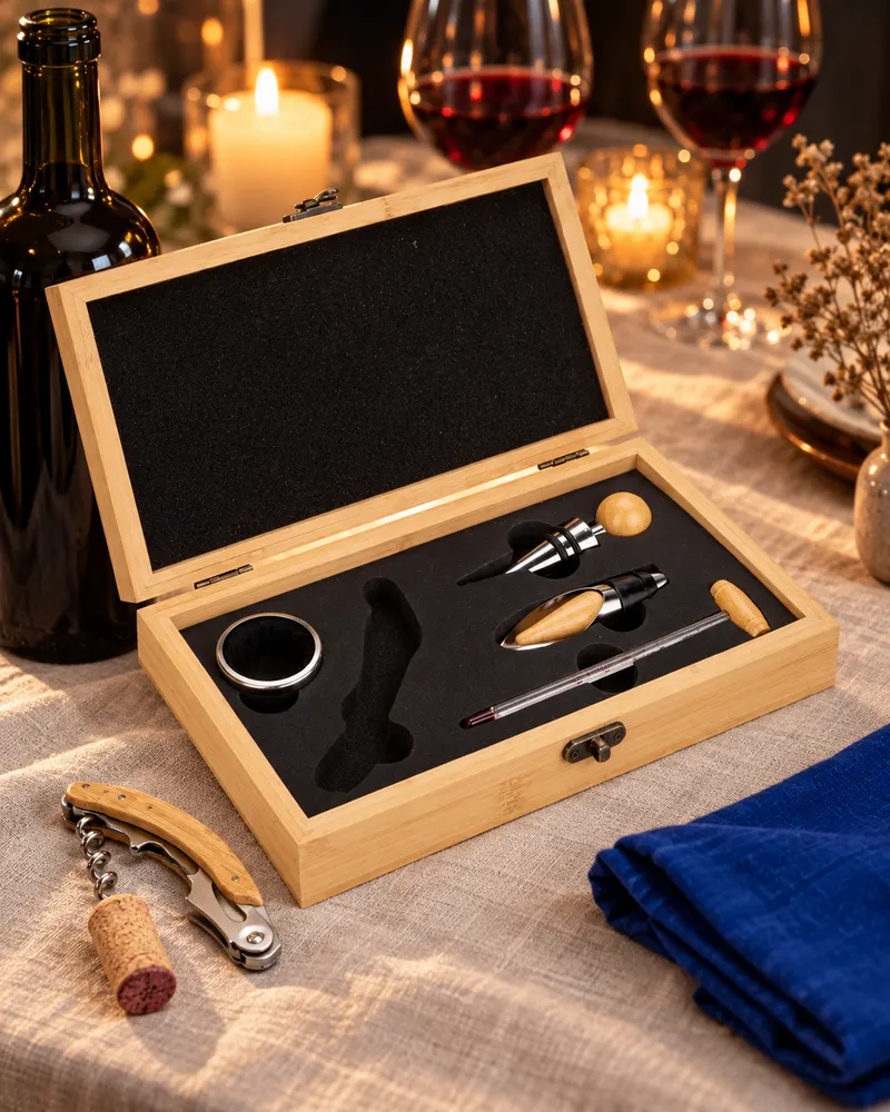 Kit de vinho em caixa de bambu aberta, com saca-rolhas, anel antigotas e tampa, ao lado de uma garrafa e de taças de vinho tinto à luz de velas.