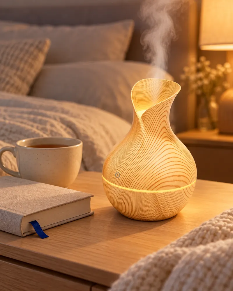 Umidificador de ar em tom de madeira clara soltando vapor sobre a mesa de cabeceira, ao lado de uma xícara de chá e de um livro.